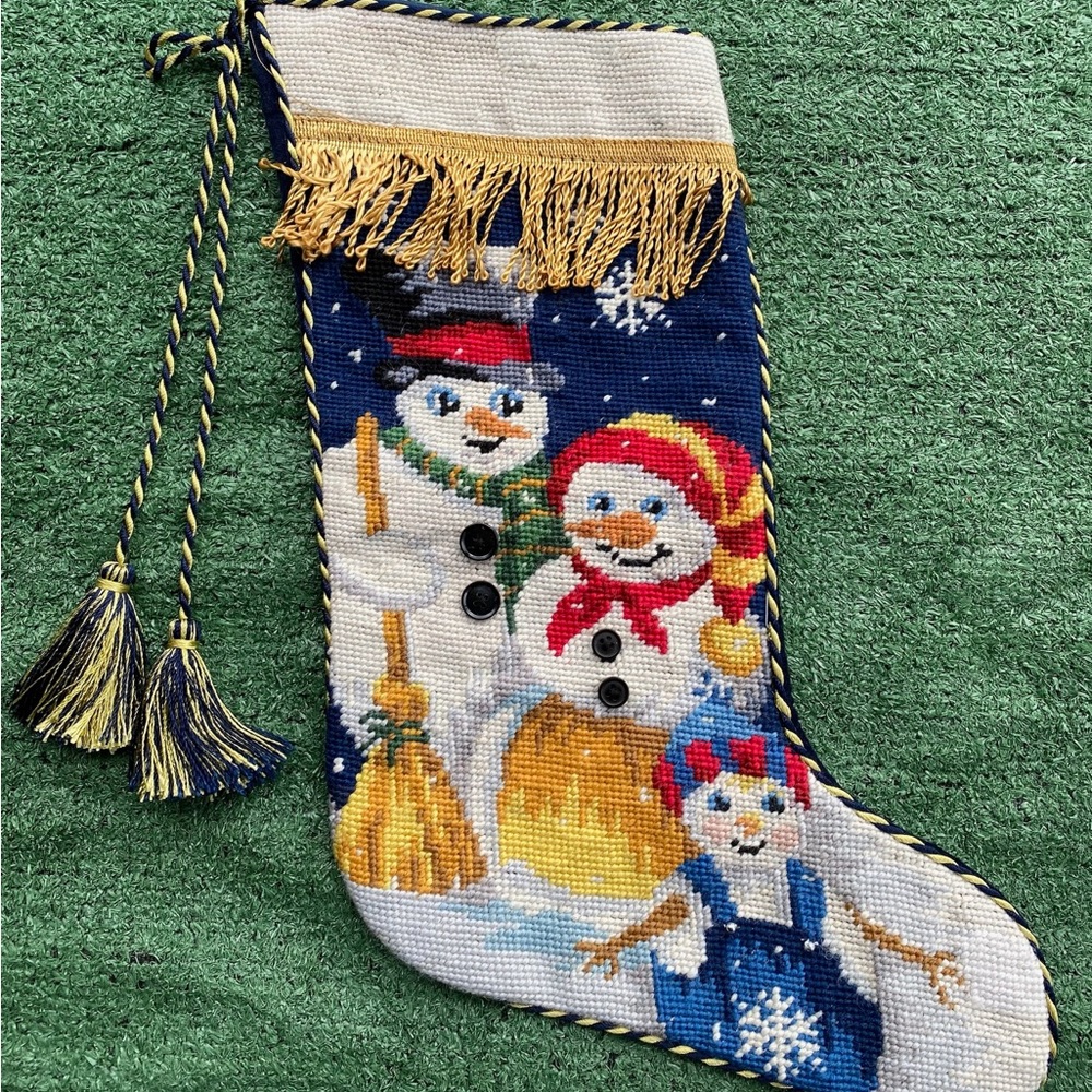 VTG 90’s Imperial Snowman Family 100% Wool Needlepoint Fringe Christmas Stocking